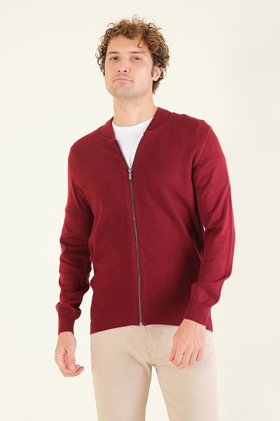 Giyim Dünyası Red Men's Cardigan - Prevailing Collar, Honeycomb Knit, Zippered