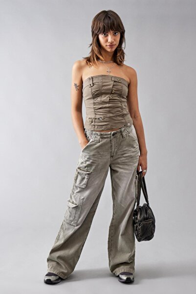 september island Khaki Thin Corduroy Cyber Y2K Cargo Jeans