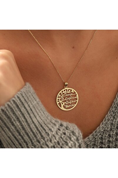 VeraDesignGold 14 Ayar Altın Kişiye Özel Isim Yazılı Kolye, Hayat Ağacı Altın...