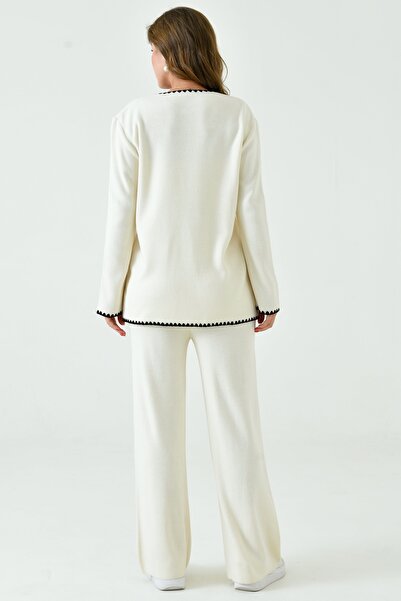 bayansepeti High Waist Pocket Cardigan and Ecru Knitwear Trousers Set - Jacket Collar Knitwear 1039