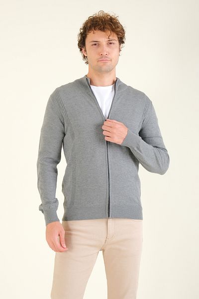 Giyim Dünyası Gray Men's Cardigan - Stand Collar, Ribbed, Zippered