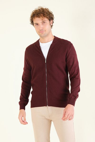 Giyim Dünyası Ανδρική ζακέτα Claret Red - Judge Collar, Honeycomb Knit, Λεπτομέρεια με φερμουάρ