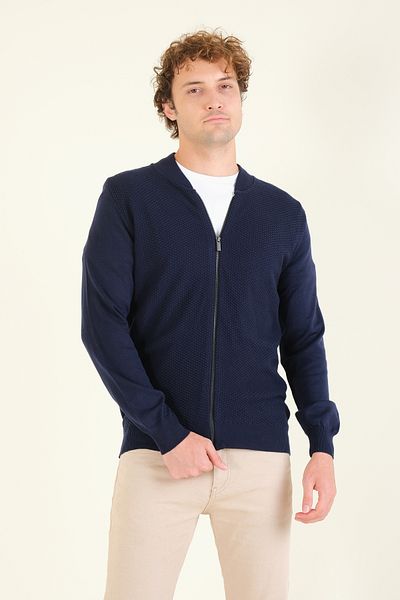 Giyim Dünyası Cardigan pentru bărbați bleumarin - guler întărit, tricot în fagure, cu fermoar