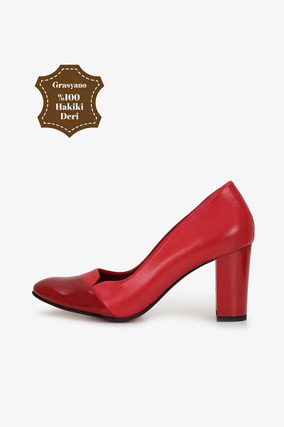 Grasyano Genuine Leather Red Patent Leather Detailed 1stClass Soft Leather Black Comfort 7.5 cm Thick Classic Heels