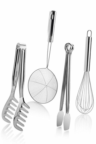 UNDERGROUND TRADE Stainless Steel 4-Piece Kitchen Set 4-Piece Tongs, Whisk Colander Set