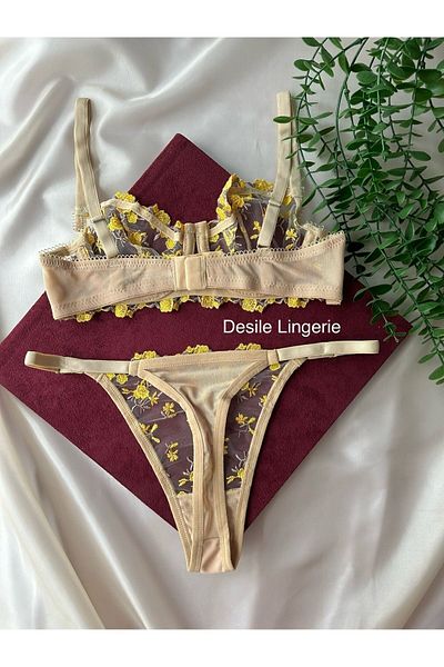 CES'Y LİNGERİE MODEL ARYA - Set de sutien cu sârmă, galben crocant, cu modele florale