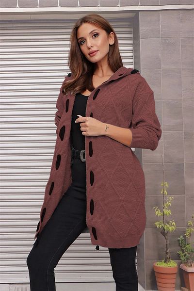 AQE FASHION Cardigan de damă cu glugă de culoare scorțișoară cu dungi cu model în relief