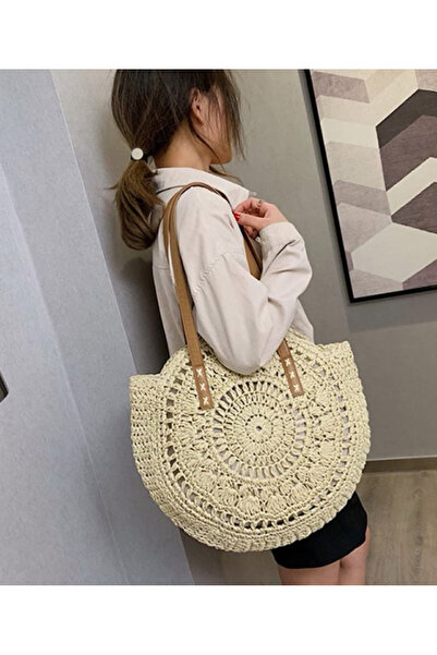 TOM COMPANY Krem Renk Dantel Model Yuvarlak El Yapımı Kağıt Ip Örgü Omuz Çantası | Plaj - Yazlık - Hediyelik