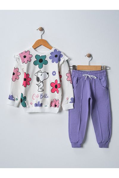 BUUFUU Belle Flower Patterned Girl's Tracksuit and Sweatshirt Set - Long Sleeve