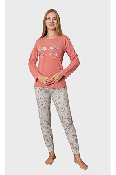 tusem butik homewear Пижама комплект от памук с зелен цвят и цвете - велосипедна яка, дълъги ръкави