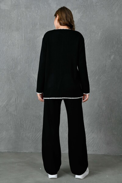 vuvutasarım Černá souprava úpletu – bundový límec, kapsa na knoflík, kardigan a kalhoty s vysokým pasem 1039