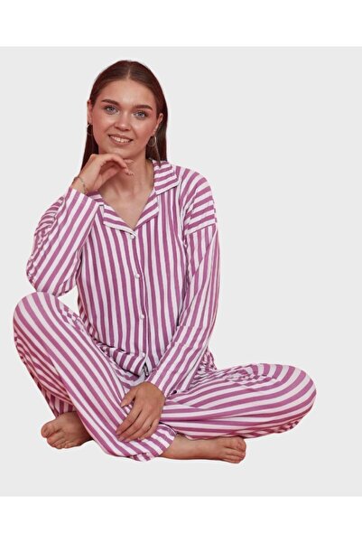 tusem butik homewear White Purple Striped Cotton Suede Pajamas Set for Women - Shirt Collar, Buttoned Neck, Long Sleeve
