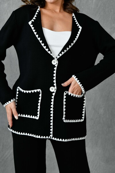 vuvutasarım Černá souprava úpletu – bundový límec, kapsa na knoflík, kardigan a kalhoty s vysokým pasem 1039