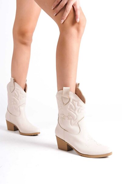 She WOMEN'S TEN CREAM BEIGE VEGAN LEATHER EMBROIDERED WESTERN SHORT COWBOY BOOTS
