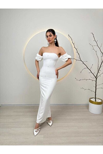 MODA DURAĞI Φόρεμα καλής ποιότητας - με λεπτομέρεια από πέτρα και σκίσιμο στην πλάτη