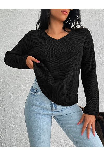 AQE FASHION Pulover de culoare neagră cu decolteu în V, tricotat din alamă, cu potrivire confortabilă, cu textura flexibilă