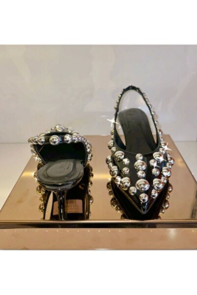 purple shoes Alçak topuk zımba detaylı siyah arkası açık stiletto