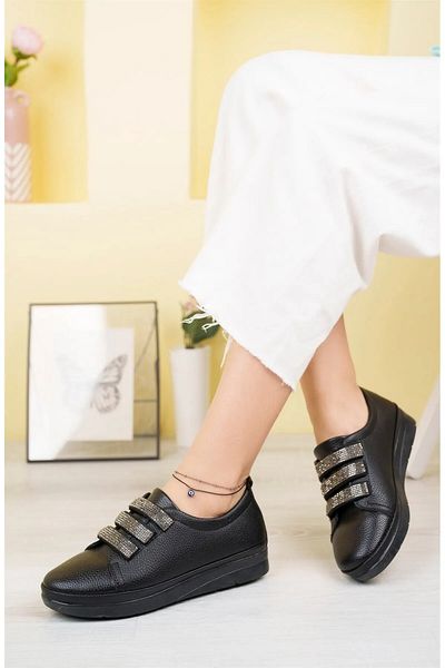 TOBAİ Comfortable Black Stoned Orthopedic Ballerinas - Daily Sports Shoes