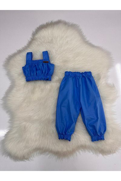 Moda Lina Baby Baby Girl Plain Blue Color Crop & Pants Set