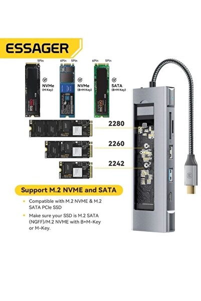 essager 8'in 1'i Ssd M.2 Nvme/sata Fonksiyonlu 4k 30hz/pd100w/type-c 10gpbs/usb 3.2 Gen/5gpbs/usb /sd/tf