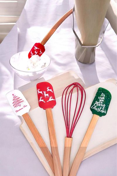 Akkoyunlu home Set of 4 Bamboo Handle Silicone Spatulas, Spatula, Spoon, Scraper, Whisk Spatula Set Mini