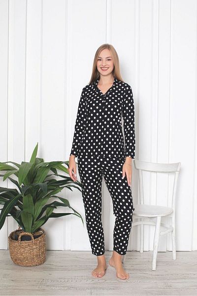 tusem butik homewear Set de pijamale cu guler de cămașă din piele de căprioară din bumbac cu model cu buline negre - mânecă lungă, cu nasturi
