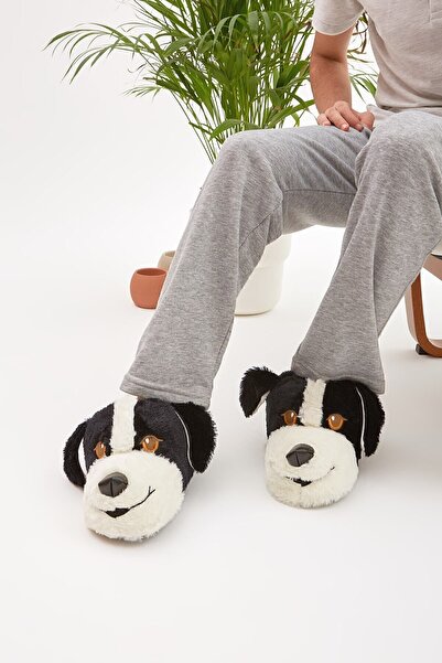 Moda Devrin Mdes Siyah Hayvanlı Sessiz Taban Panduf Sevimli Köpek Figürlü Peluş Ev Ayakkabısı