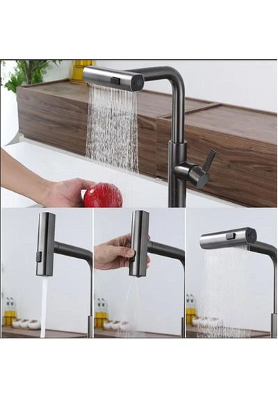 yediyapı Anthracite Spiral 4 Function Waterfall Sink Faucet