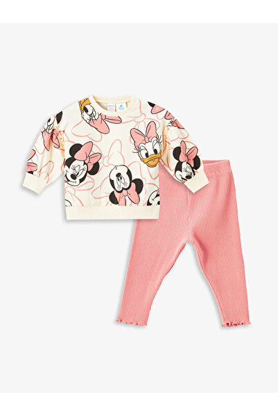 LC Waikiki LCW Baby - Κρεμ εμπριμέ με λαιμόκοψη μακρυμάνικο βρεφικό φούτερ και κολάν σετ 2 τεμαχίων