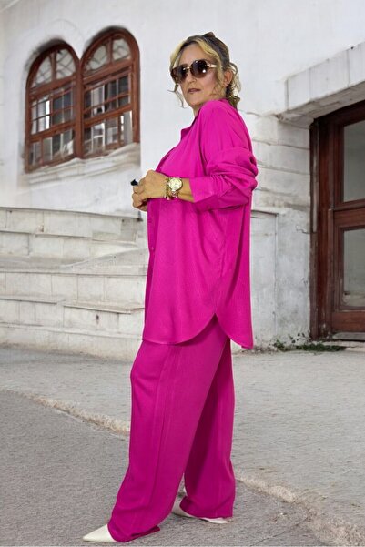 yagmurberen Cotton Satin Shirt and Lace-up Pants Set - Plus Size, Buttoned Front