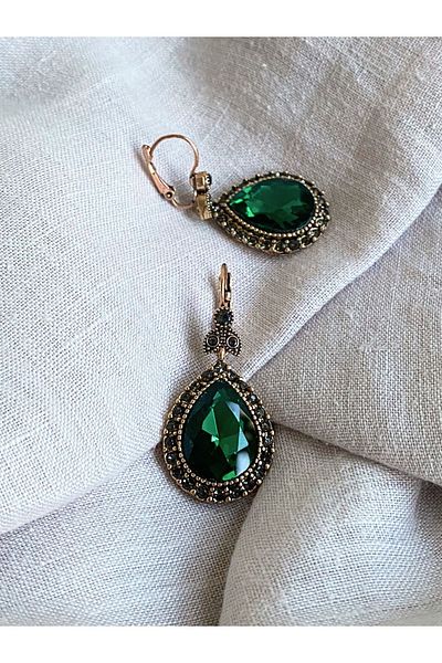 FAYRA ACCESSORIES Emerald Zircon Embroidered Water Drop Earrings