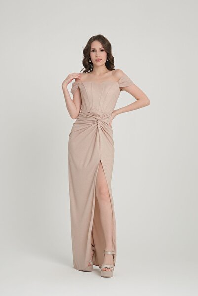 meksila kadın straptes kayık yakalı balenli korse detaylı uzun yırtmaçlı simli astarlı nişan davet abiye