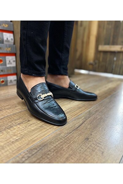 Parlak Siyah Tokalı Baskılı Hakiki Deri Ayakkabı