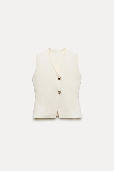 motina Women's Ecru V-Neck Gold Buttoned Plain Knit Top Vest