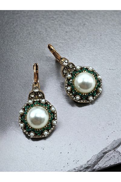 FAYRA ACCESSORIES Pearl Round Earrings - Crystal Stone Detailed
