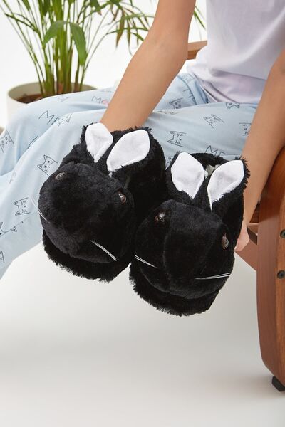 Moda Devrin Black Animal Silent Sole Slippers Plush Home Shoes with Rabbit Figure (EYE VIDEO EMBROIDERED LIKE WHAT)