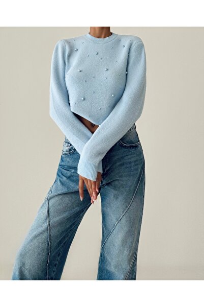 İLKCET MODA Γυναικείο πουλόβερ με λαιμόκοψη με λεπτομέρεια από ελαστική πέτρα
