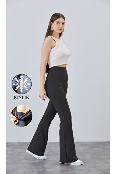 Yeşilyurt Corset بنطلون كريب أسود شتوي - خصر عالي وسروال ليكرا واسع