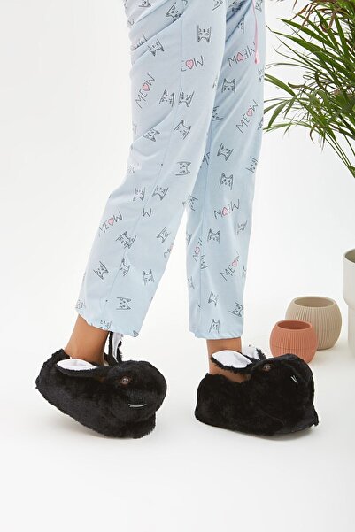 Moda Devrin Black Animal Silent Sole Slippers Plush Home Shoes with Rabbit Figure (EYE VIDEO EMBROIDERED LIKE WHAT)