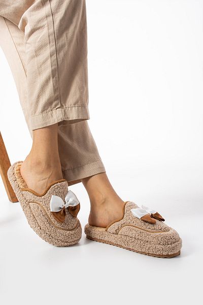 Moda Devrin Papuci de damă papion bej de iarnă
