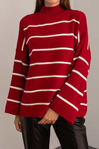 Nimas Pulover de damă roșu supradimensionat cu dungi pe jumătate cu gât țesut, pulover cu dungi, pulover de damă