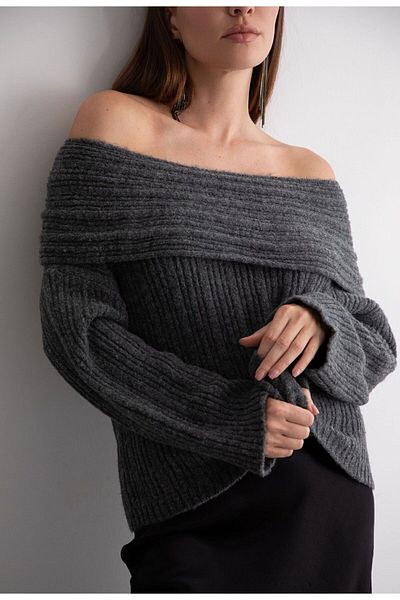 POMELO FASHİON Grauer Pullover für Damen mit offener Schulterfalte