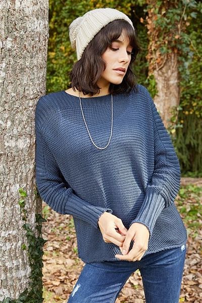 AQE FASHION Pulover de damă cu mâneci înalte, albastru indigo