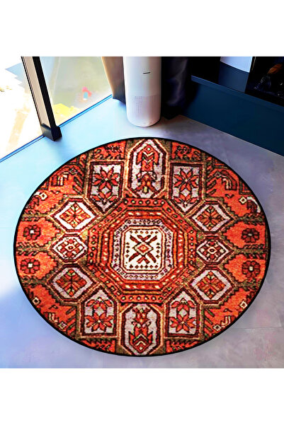 Rugs Modern Halı Orange Theme Traditional Motif Patterned Round Woven Base Vi...