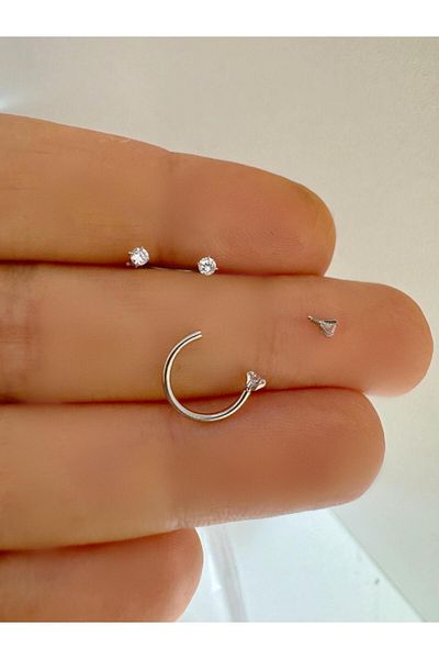 Arescollection 316L SurGeon SteeL - SiLver CoLored HaLf RinG Nose Piercing with Zircon Stone DeTaiL