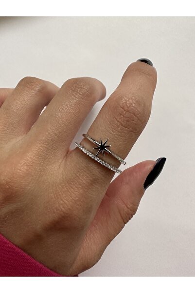 ringbox Çift Sıra Kuzey Yıldızı Detaylı Zirkon Taşlı Gümüş Renk Yüzük