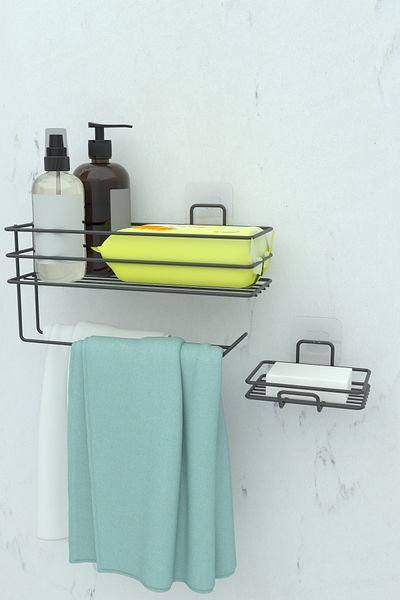 zabata Adhesive Bathroom Shelf Paper Towel Holder And Metal Soap Dish Set Organizer