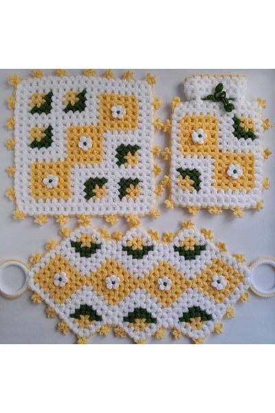 Ebrulisler Hand Knitted Dowry Floral Yellow Square Long Pouch 3-Piece Bathroom Washcloth Set