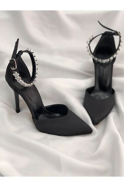 TOBAİ Удобни черни сатенени обувки Stoned Stiletto с ток