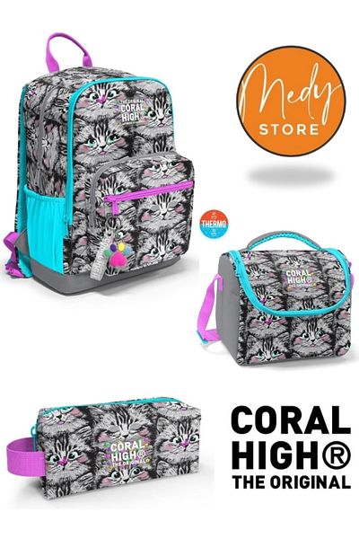 Coral High Gray Cat Pattern - 3-Piece School Bag Set